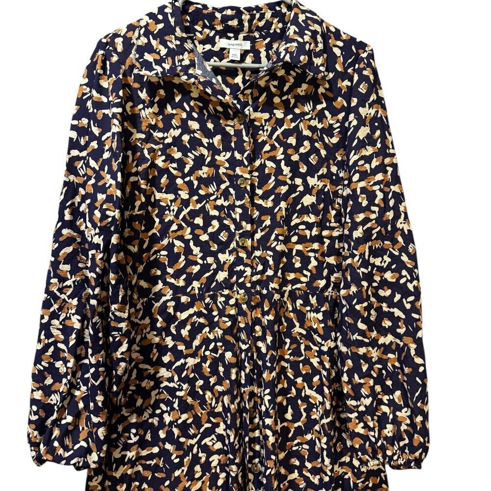 Nine West Navy Patterned Button-Down Long Sleeve … - image 3